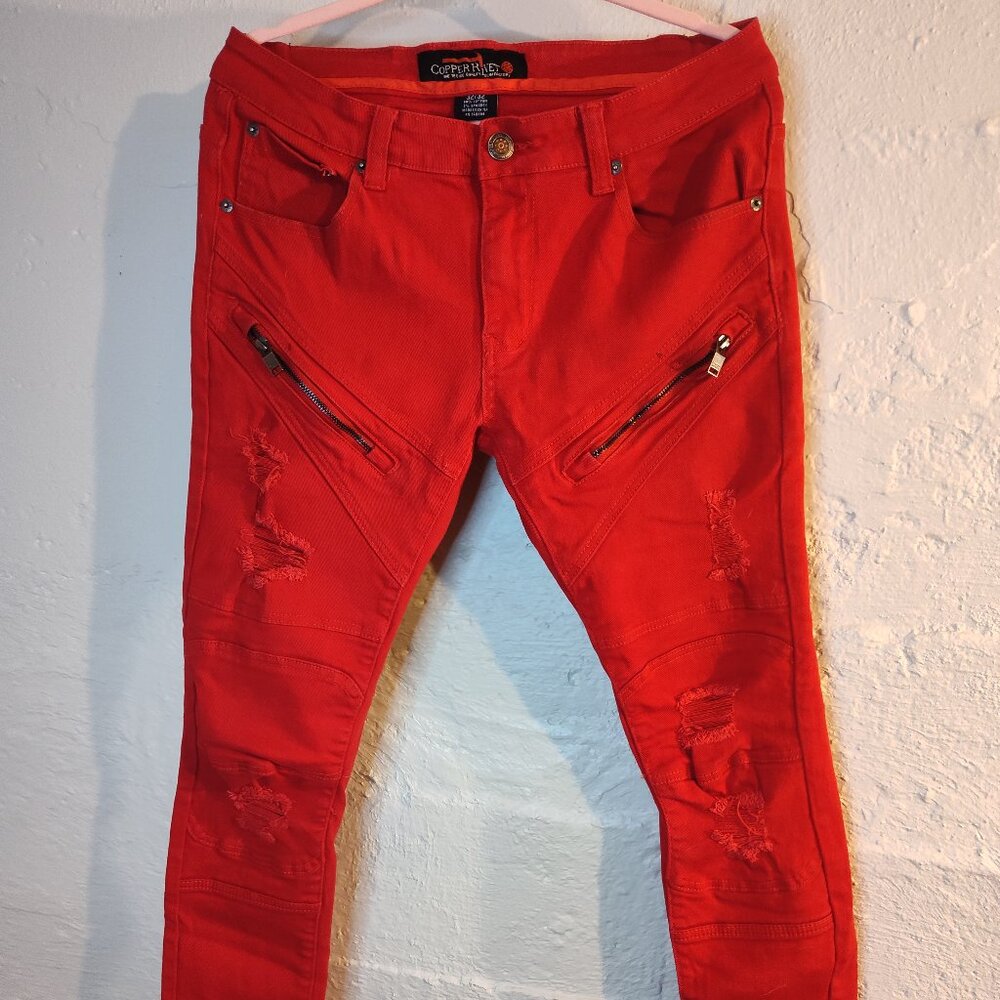 Copper Rivet Red Denim Distressed Zipper Accents Skinny Jeans Men's Size 32/32